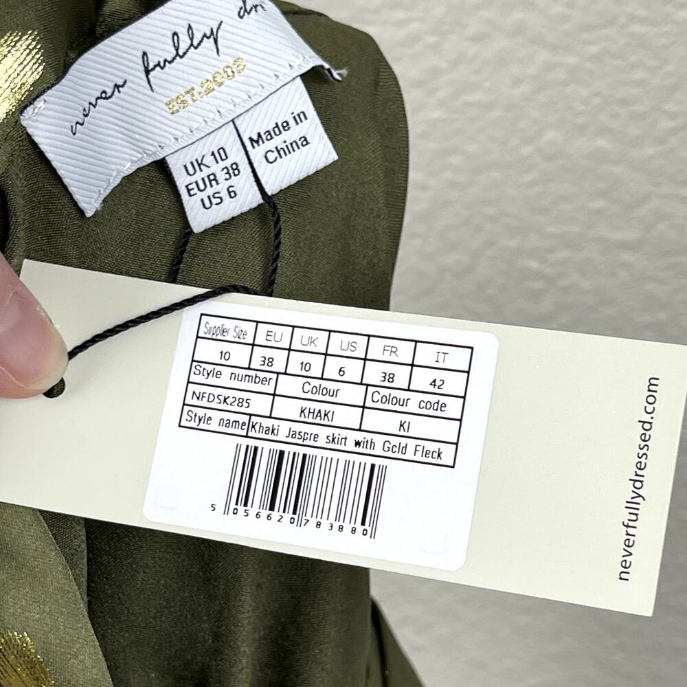 Never Fully Dressed Jasper Skirt Khaki With Gold Fleck US 6 Satin Wrap Green NWT - Picture 9 of 16